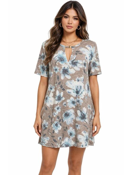 By Together Dresses & Skirts - BY TOGETHER Floral Tunic Top Dress M Blue Taupe Keyhole Short Sleeve Boho Shift
